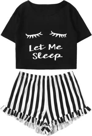 WDIRARA Women's Sleepwear Closed Eyes Print Tee and Striped Shorts Cute Pajama Set