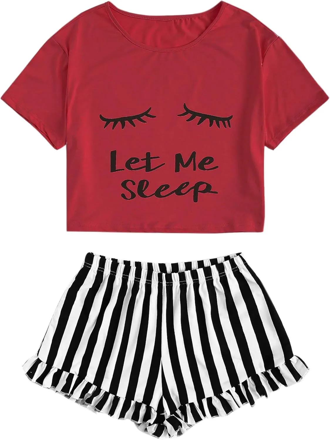 WDIRARA Women's Sleepwear Closed Eyes Print Tee and Striped Shorts Cute Pajama Set