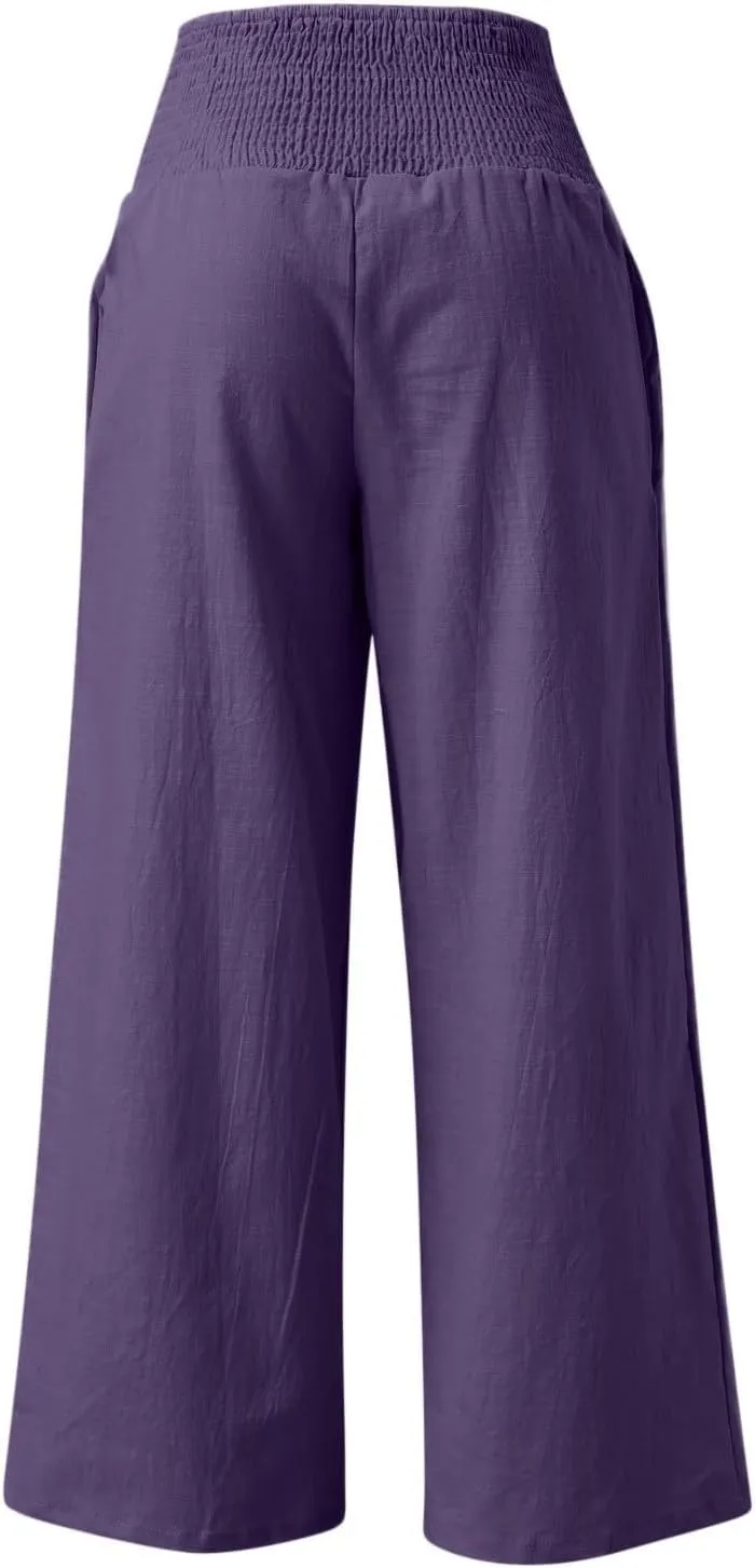 Wide Leg Ankle Pants for Women 2025 Baggy Y2K Summer Stretchy Boho Beach Pants High Waist Plus Size Lounge Palazzo Trousers