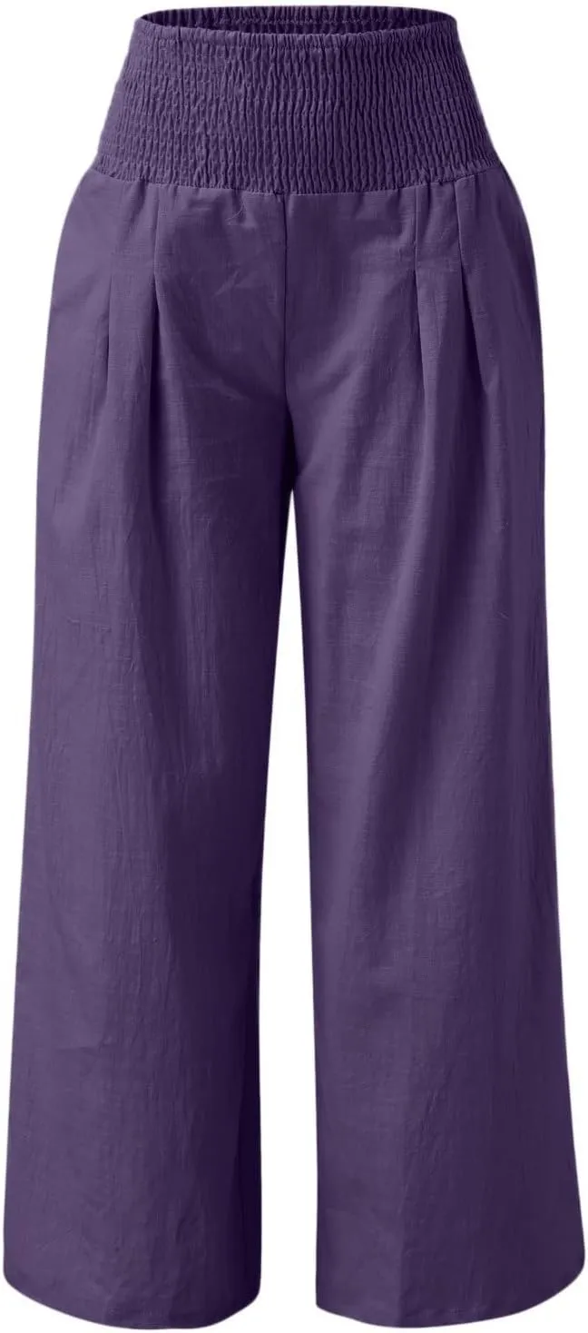 Wide Leg Ankle Pants for Women 2025 Baggy Y2K Summer Stretchy Boho Beach Pants High Waist Plus Size Lounge Palazzo Trousers