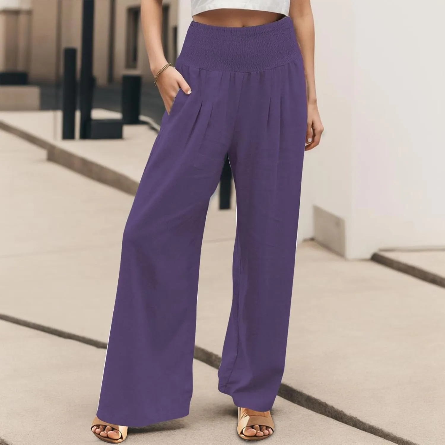 Wide Leg Ankle Pants for Women 2025 Baggy Y2K Summer Stretchy Boho Beach Pants High Waist Plus Size Lounge Palazzo Trousers