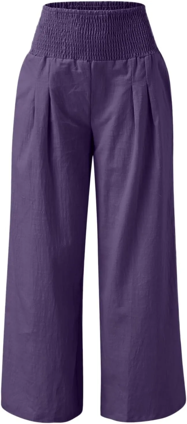 Wide Leg Ankle Pants for Women 2025 Baggy Y2K Summer Stretchy Boho Beach Pants High Waist Plus Size Lounge Palazzo Trousers