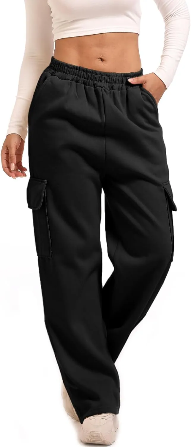 Wide Leg Cargo Sweatpants for Women High Waisted Baggy Fleece Joggers Casual Athletic Sweats Pants with Pockets