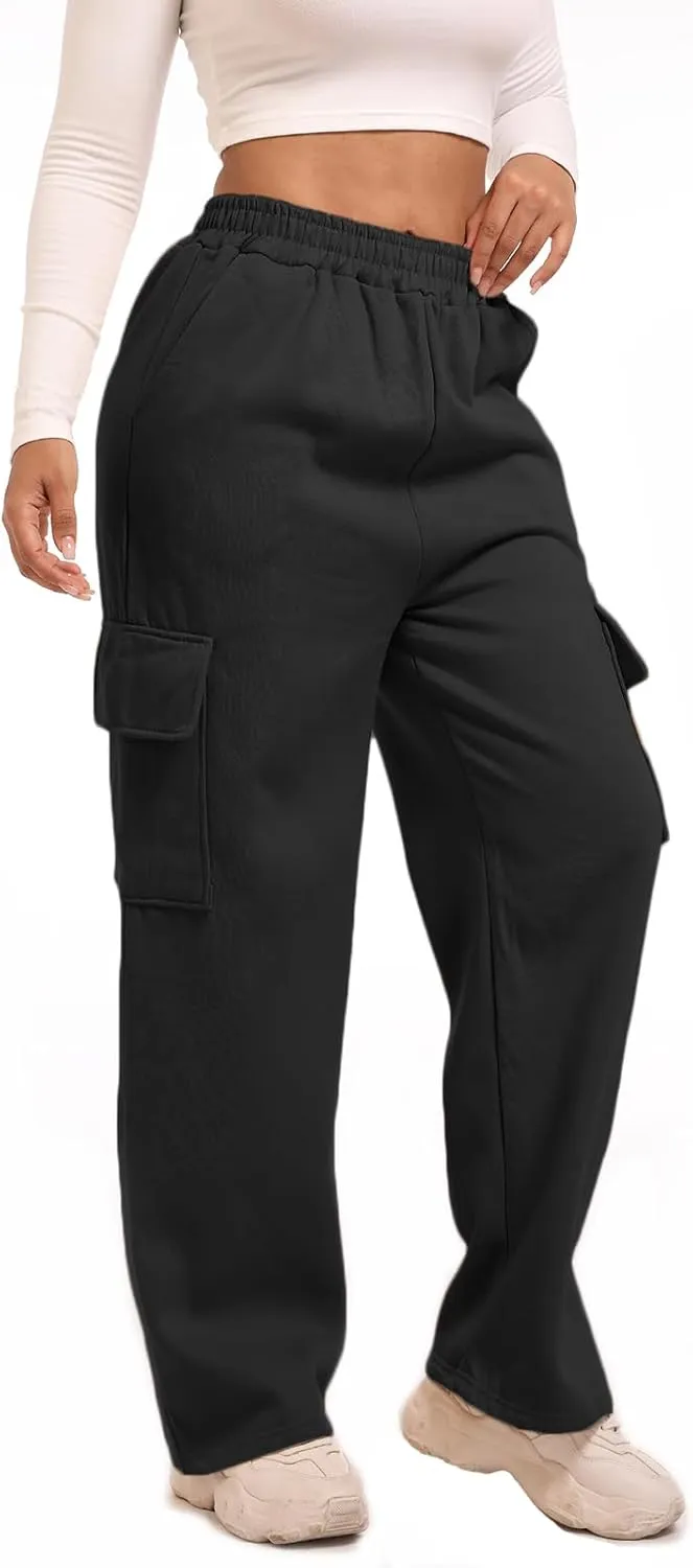Wide Leg Cargo Sweatpants for Women High Waisted Baggy Fleece Joggers Casual Athletic Sweats Pants with Pockets