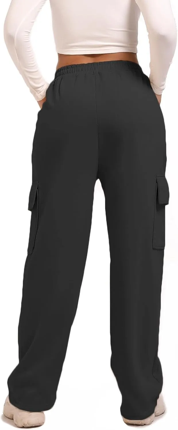 Wide Leg Cargo Sweatpants for Women High Waisted Baggy Fleece Joggers Casual Athletic Sweats Pants with Pockets