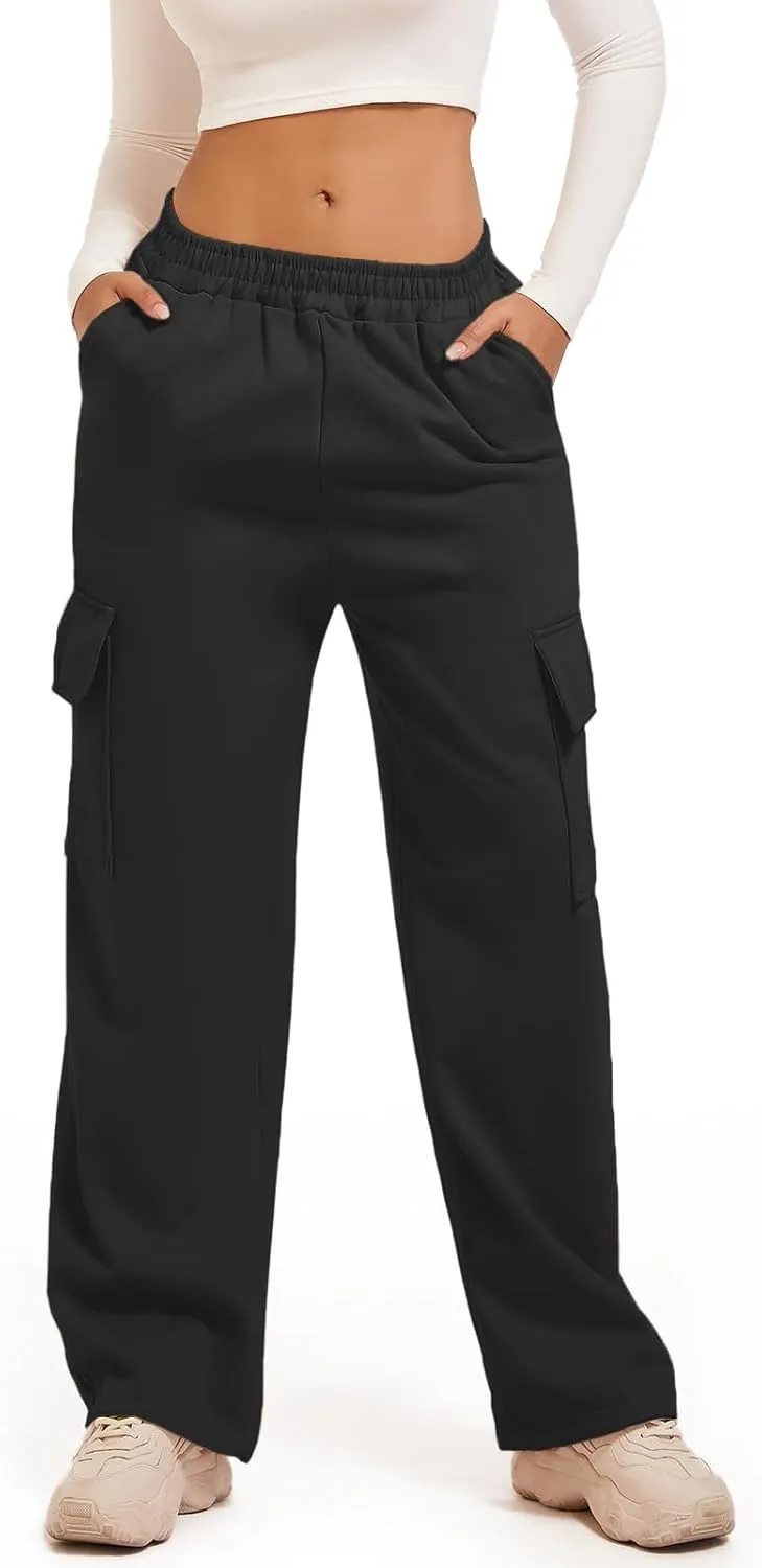 Wide Leg Cargo Sweatpants for Women High Waisted Baggy Fleece Joggers Casual Athletic Sweats Pants with Pockets