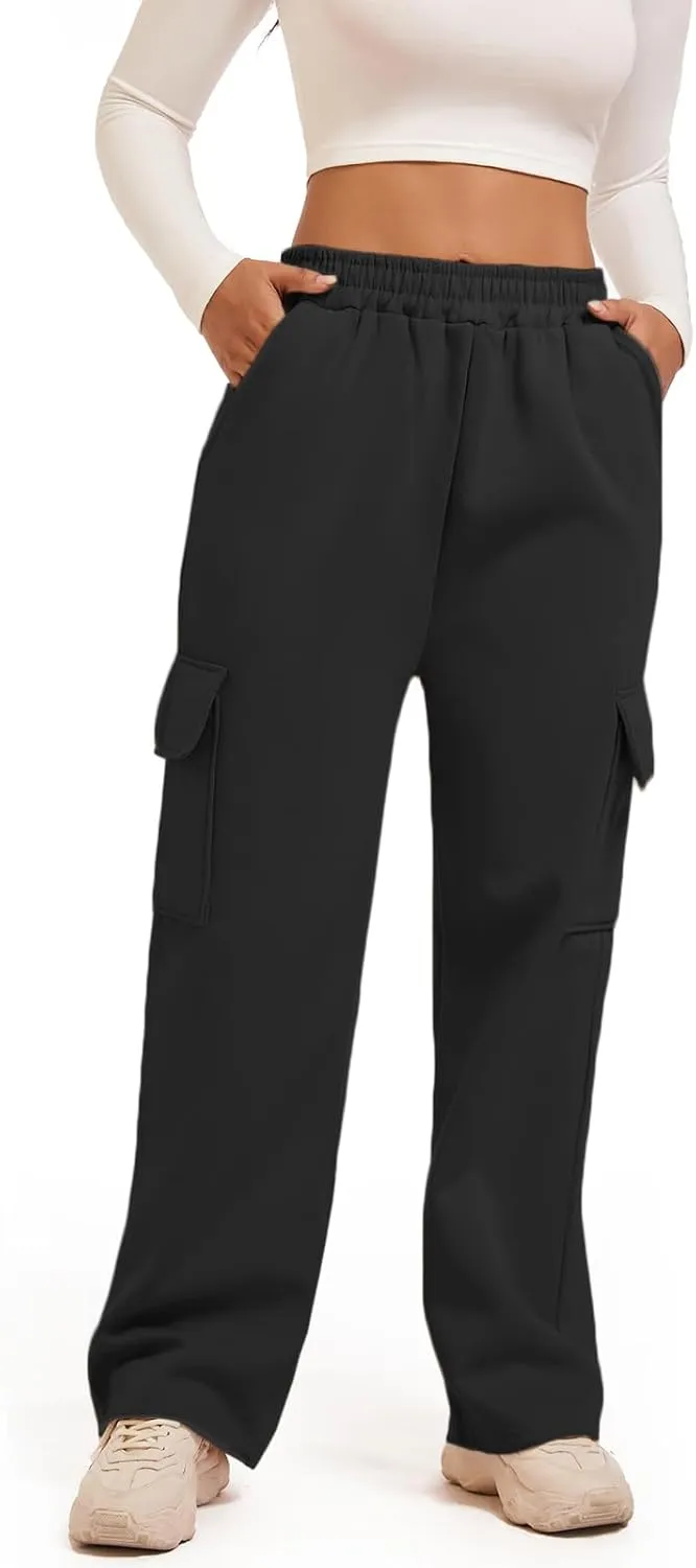 Wide Leg Cargo Sweatpants for Women High Waisted Baggy Fleece Joggers Casual Athletic Sweats Pants with Pockets