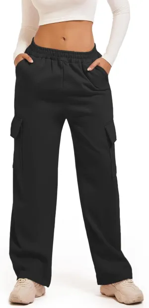 Wide Leg Cargo Sweatpants for Women High Waisted Baggy Fleece Joggers Casual Athletic Sweats Pants with Pockets