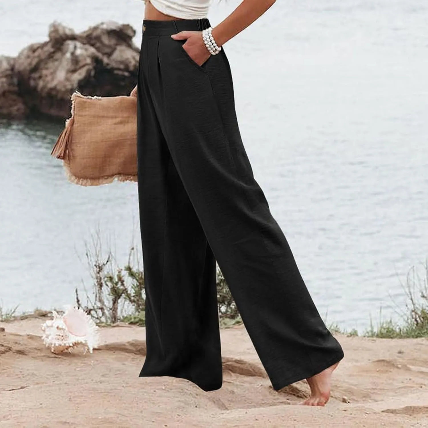Wide Leg Dress Pants for Women High Waisted Business Casual Work Pants Comfy Baggy Pull On Trousers with Pockets