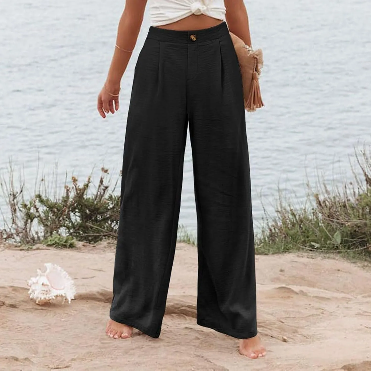 Wide Leg Dress Pants for Women High Waisted Business Casual Work Pants Comfy Baggy Pull On Trousers with Pockets
