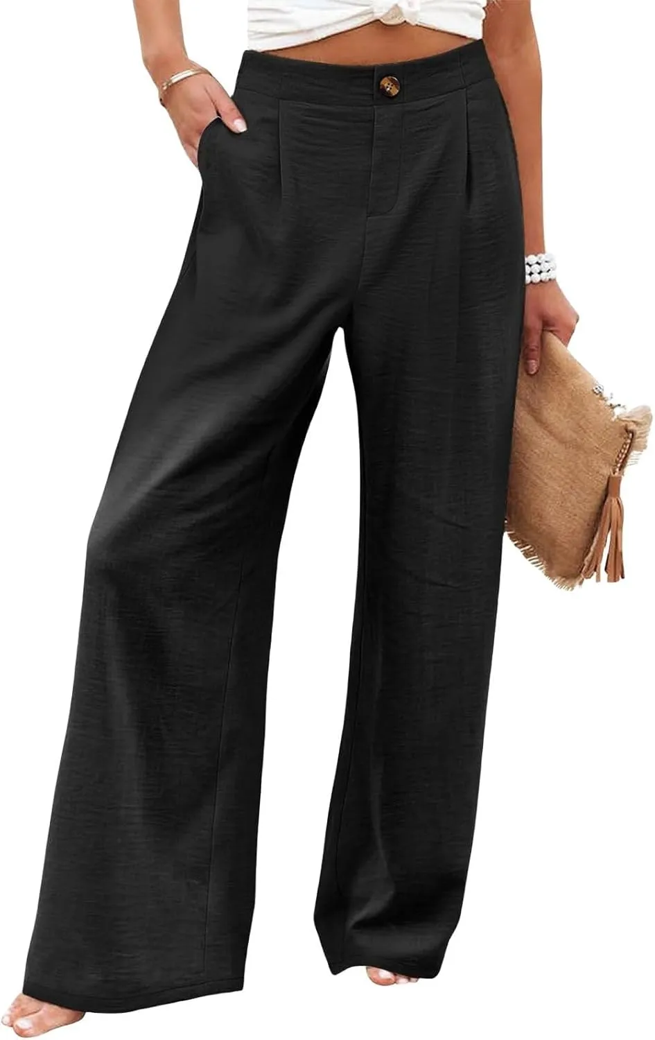 Wide Leg Dress Pants for Women High Waisted Business Casual Work Pants Comfy Baggy Pull On Trousers with Pockets