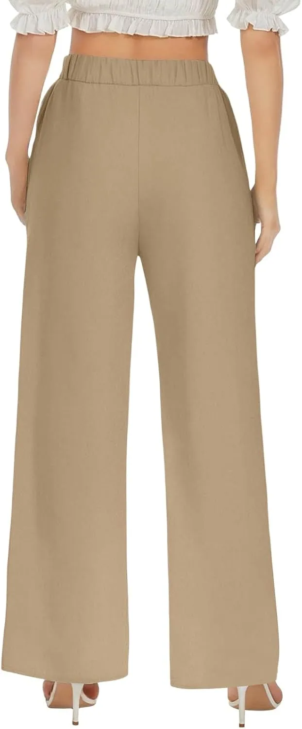 Wide Leg Linen Pants for Women Plus Size Loose Fit Casual Summer Beach Pants with Pockets Lightweight Cropped Trouser