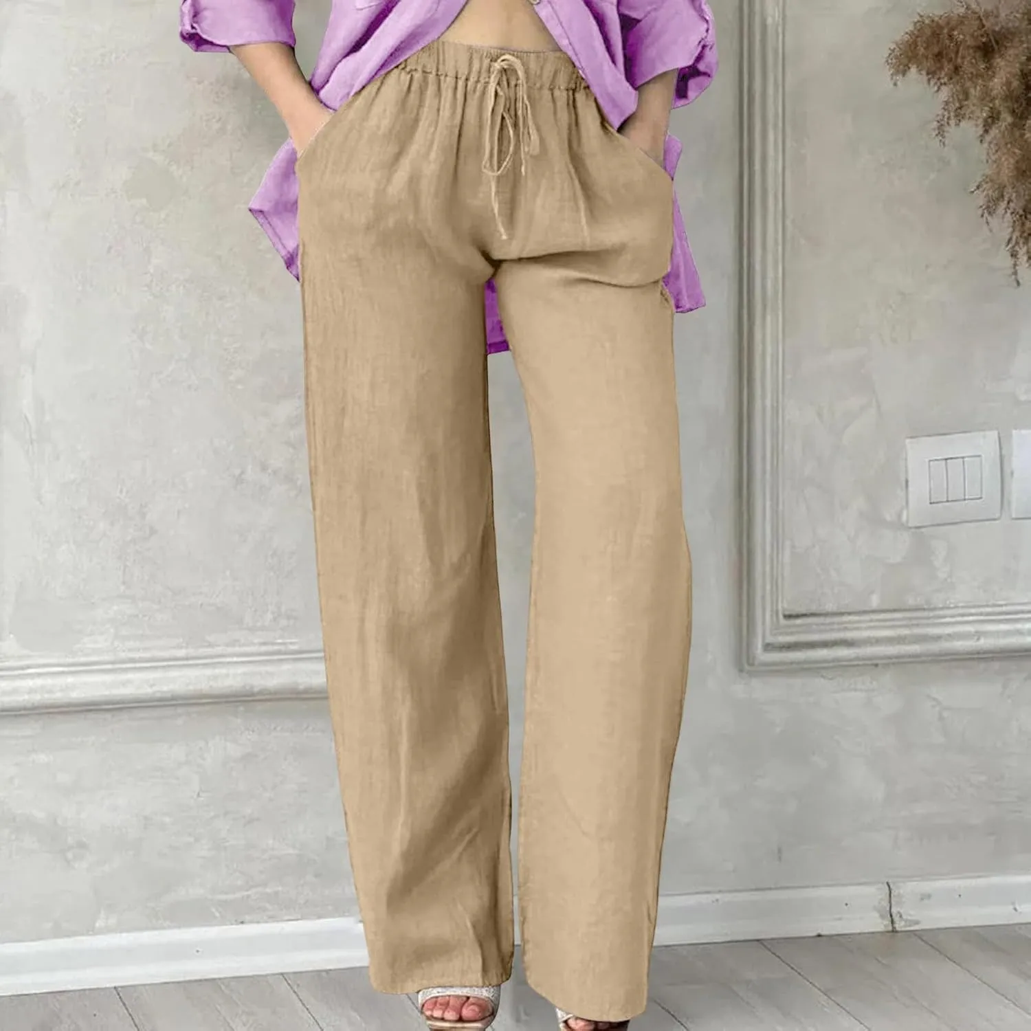 Wide Leg Linen Pants for Women Plus Size Loose Fit Casual Summer Beach Pants with Pockets Lightweight Cropped Trouser