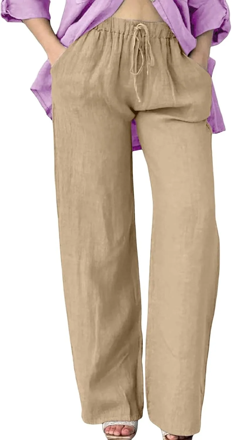 Wide Leg Linen Pants for Women Plus Size Loose Fit Casual Summer Beach Pants with Pockets Lightweight Cropped Trouser