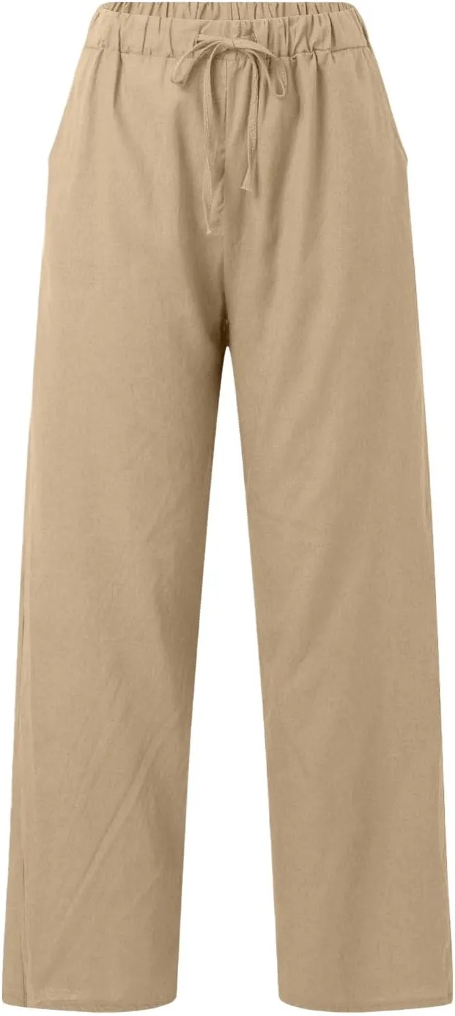 Wide Leg Linen Pants for Women Plus Size Loose Fit Casual Summer Beach Pants with Pockets Lightweight Cropped Trouser