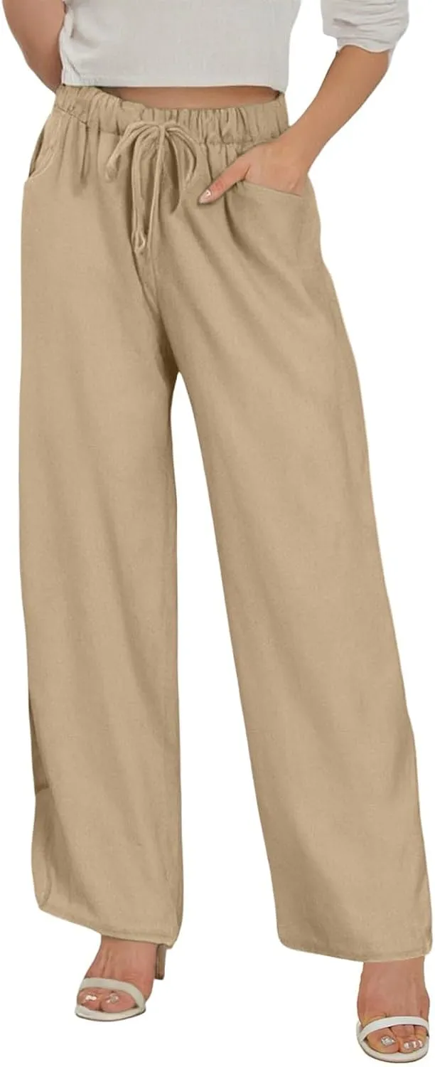 Wide Leg Linen Pants for Women Plus Size Loose Fit Casual Summer Beach Pants with Pockets Lightweight Cropped Trouser