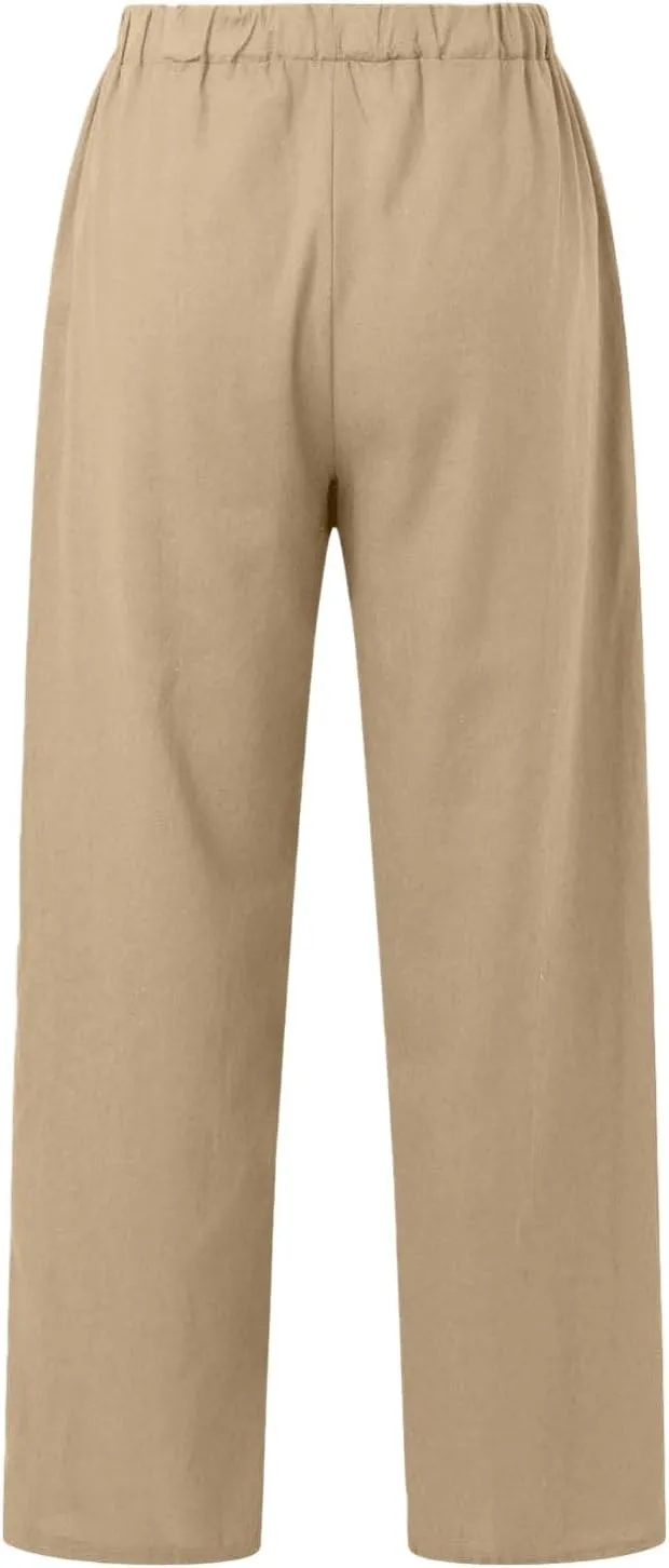 Wide Leg Linen Pants for Women Plus Size Loose Fit Casual Summer Beach Pants with Pockets Lightweight Cropped Trouser
