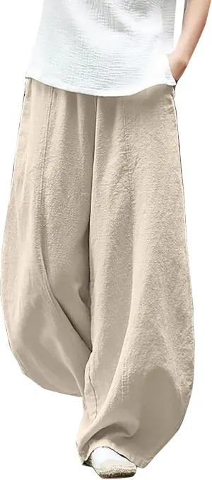 Wide Leg Linen Pants for Women Summer Baggy Japanese Style Palazzo Pants Boho Floral Lantern Trousers with Pockets