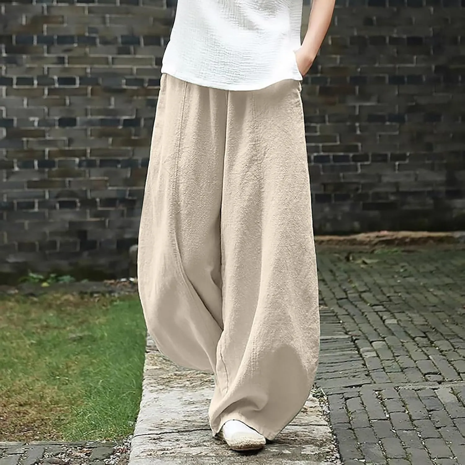 Wide Leg Linen Pants for Women Summer Baggy Japanese Style Palazzo Pants Boho Floral Lantern Trousers with Pockets