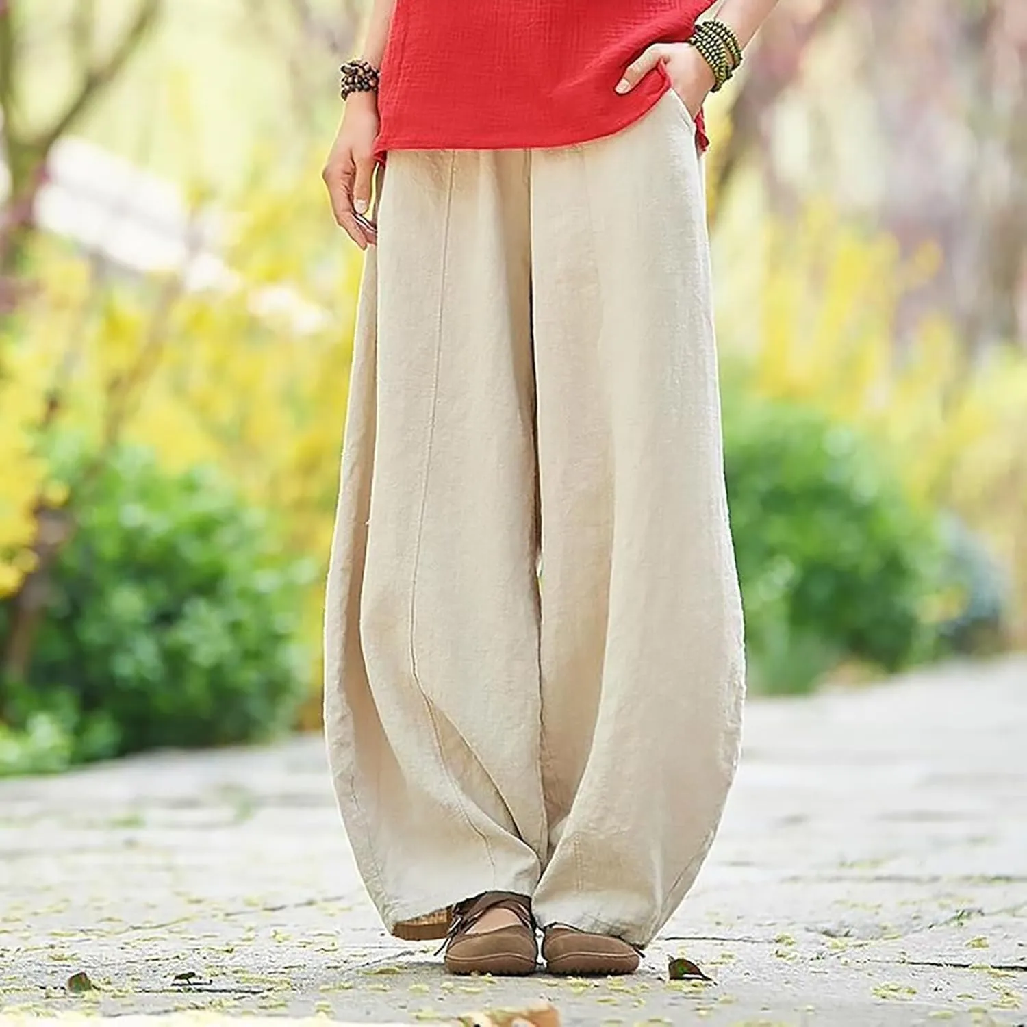 Wide Leg Linen Pants for Women Summer Baggy Japanese Style Palazzo Pants Boho Floral Lantern Trousers with Pockets