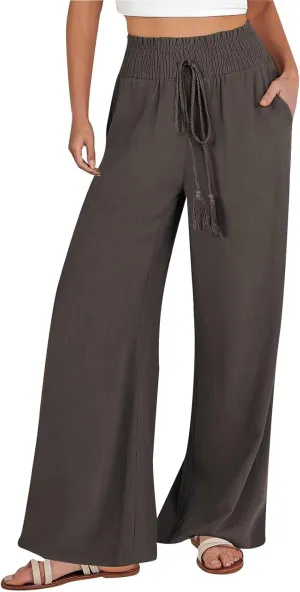 Wide Leg Linen Pants for Women Summer Drawstring Elastic High Waist Casual Boho Trousers Palazzo Flowy Pants with Pocket