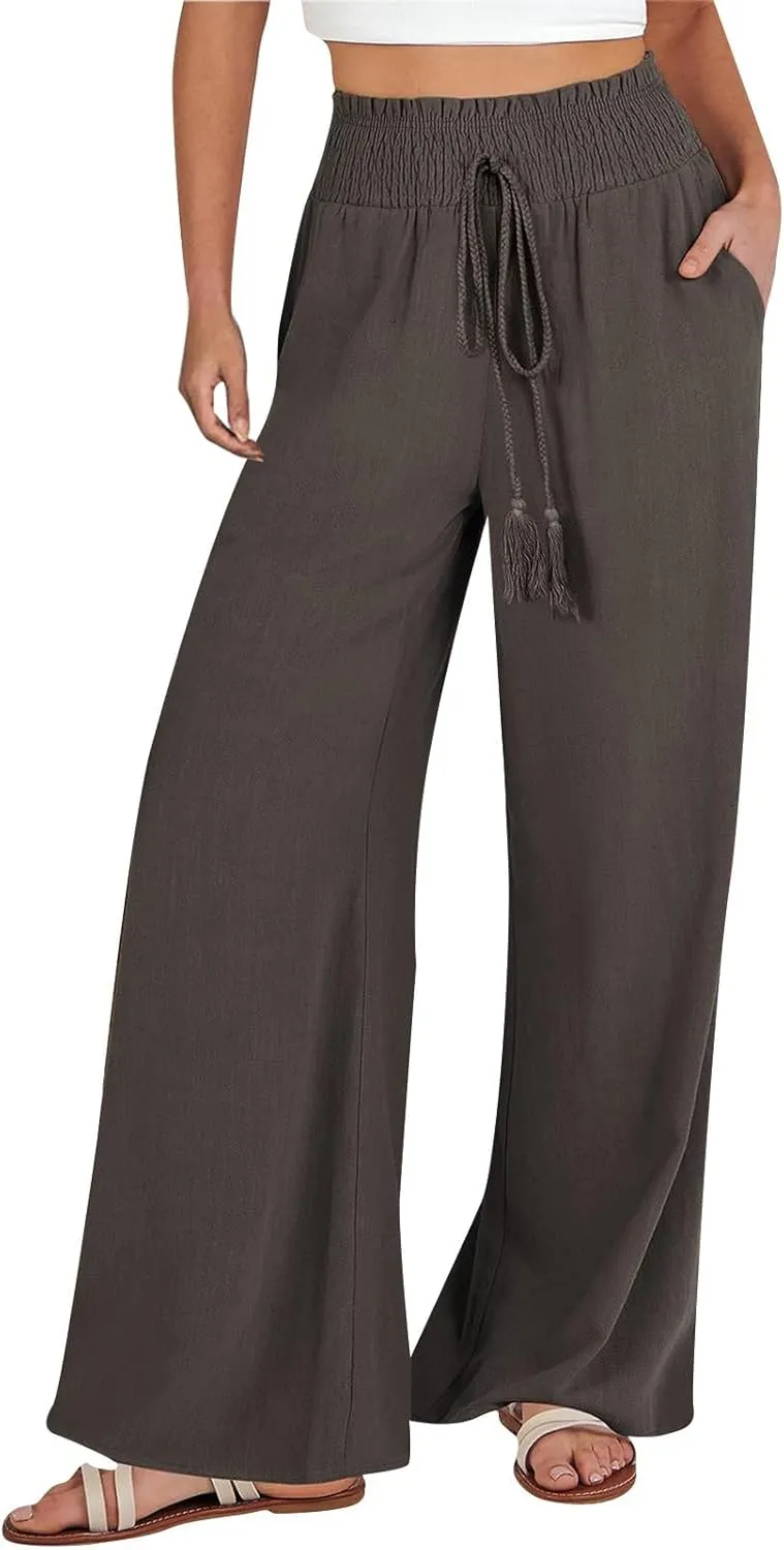Wide Leg Linen Pants for Women Summer Drawstring Elastic High Waist Casual Boho Trousers Palazzo Flowy Pants with Pocket