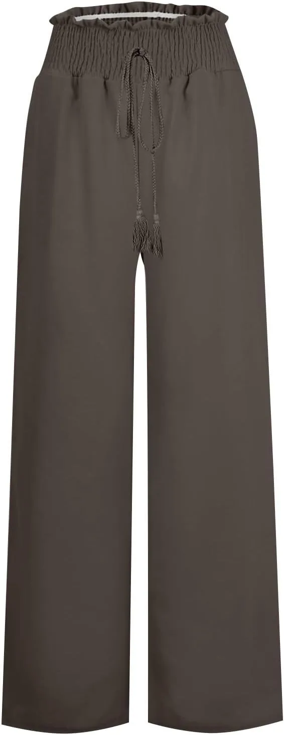 Wide Leg Linen Pants for Women Summer Drawstring Elastic High Waist Casual Boho Trousers Palazzo Flowy Pants with Pocket