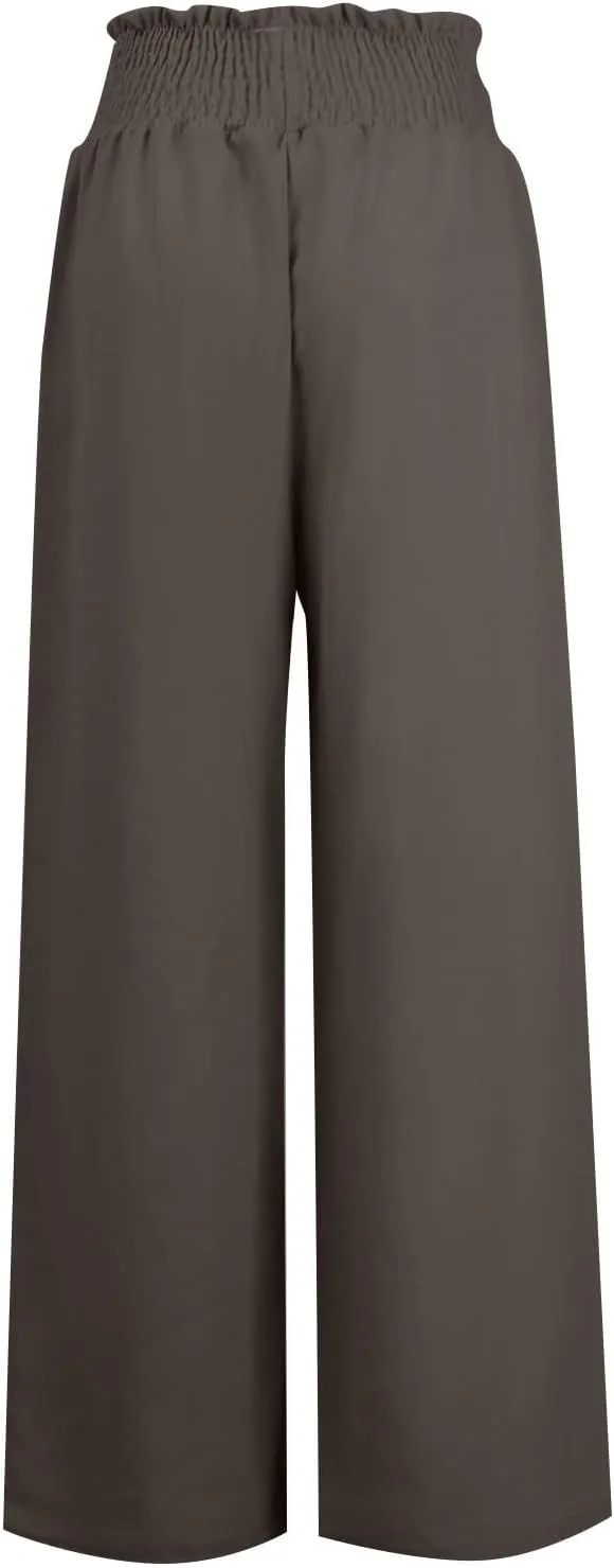 Wide Leg Linen Pants for Women Summer Drawstring Elastic High Waist Casual Boho Trousers Palazzo Flowy Pants with Pocket