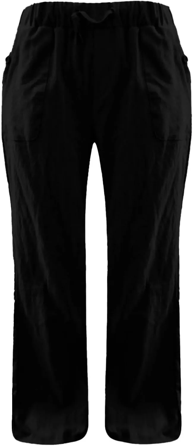 Wide Leg Linen Pants for Women Summer Low Waisted Palazzo Lounge Pants Drawstring Lightweight Trousers with Pockets