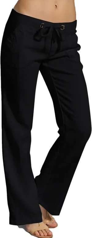 Wide Leg Linen Pants for Women Summer Low Waisted Palazzo Lounge Pants Drawstring Lightweight Trousers with Pockets