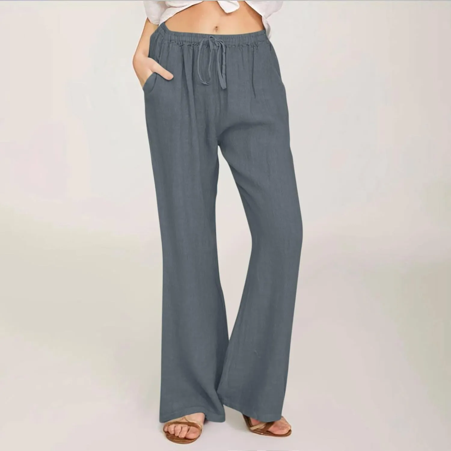 Wide Leg Palazzo Pants for Women Summer Basic Plain Linen Pants Beach Causal Drawstring Trousers with Pockets