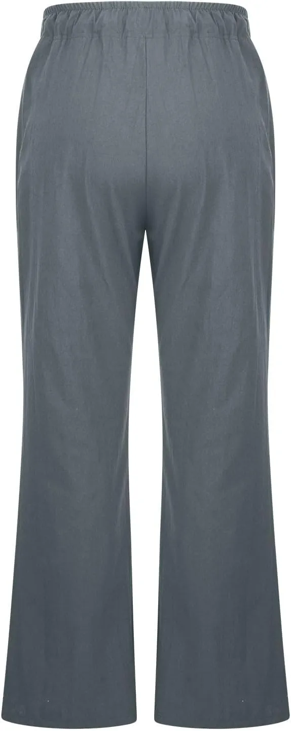 Wide Leg Palazzo Pants for Women Summer Basic Plain Linen Pants Beach Causal Drawstring Trousers with Pockets