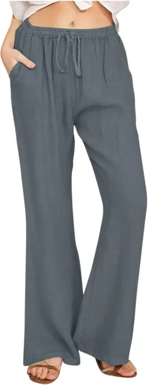Wide Leg Palazzo Pants for Women Summer Basic Plain Linen Pants Beach Causal Drawstring Trousers with Pockets