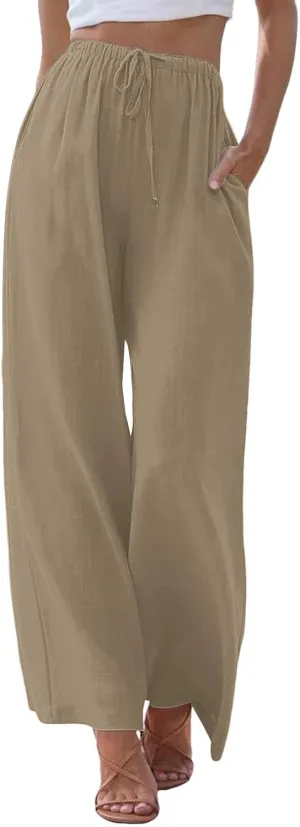 Wide Leg Pants for Women Dressy Casual Cotton Linen Summer Palazzo Pant Drawstring Flowy Beach Trousers with Pockets