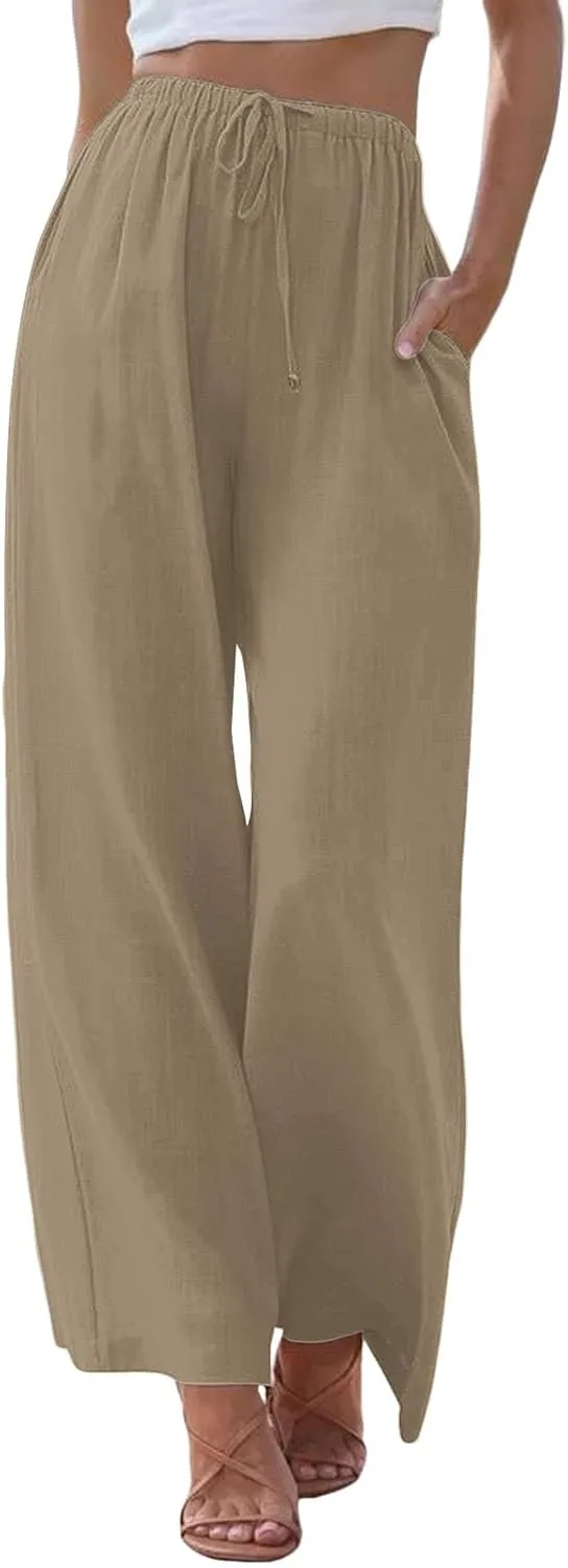 Wide Leg Pants for Women Dressy Casual Cotton Linen Summer Palazzo Pant Drawstring Flowy Beach Trousers with Pockets