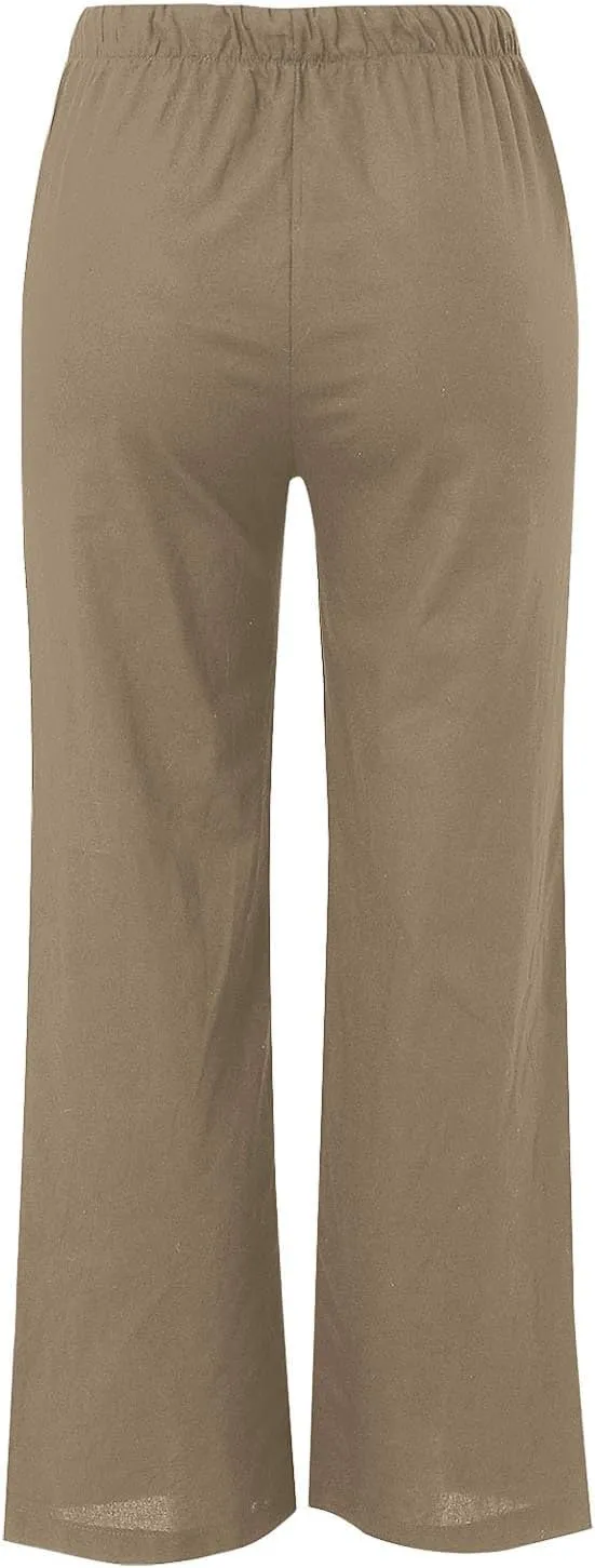 Wide Leg Pants for Women Dressy Casual Cotton Linen Summer Palazzo Pant Drawstring Flowy Beach Trousers with Pockets