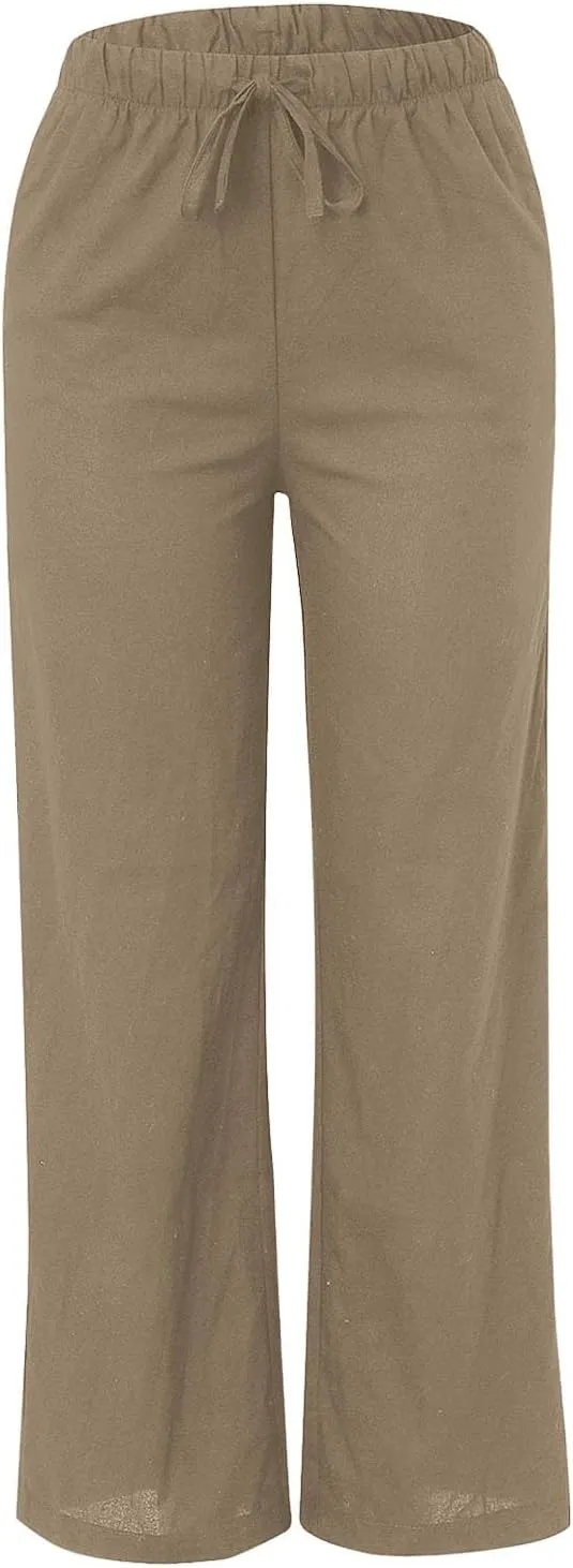 Wide Leg Pants for Women Dressy Casual Cotton Linen Summer Palazzo Pant Drawstring Flowy Beach Trousers with Pockets