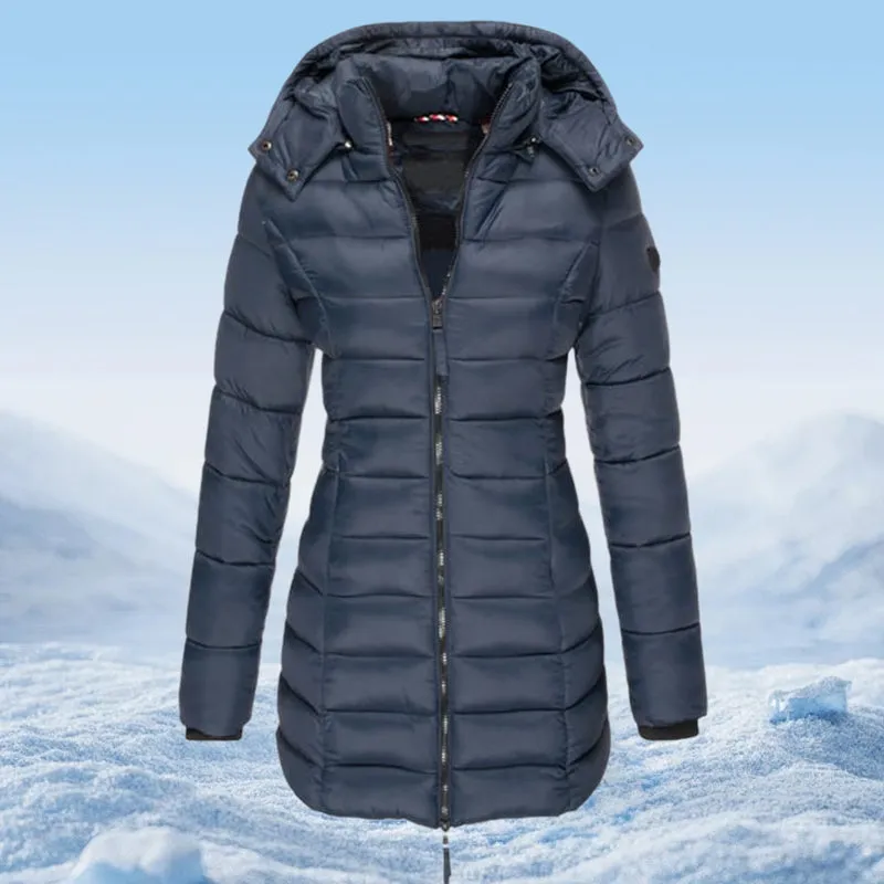  Winter Women's Mid-length Padded Jacket Warm Solid Color Hooded Jacket