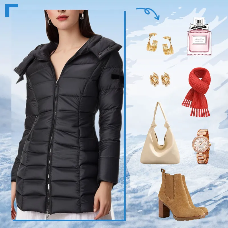  Winter Women's Mid-length Padded Jacket Warm Solid Color Hooded Jacket