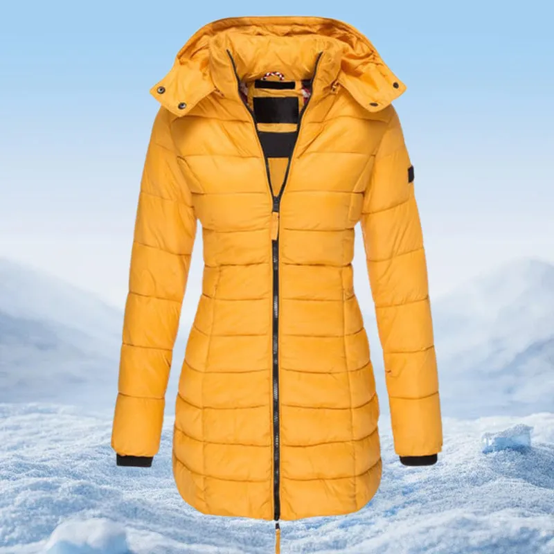  Winter Women's Mid-length Padded Jacket Warm Solid Color Hooded Jacket