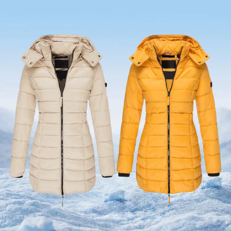  Winter Women's Mid-length Padded Jacket Warm Solid Color Hooded Jacket