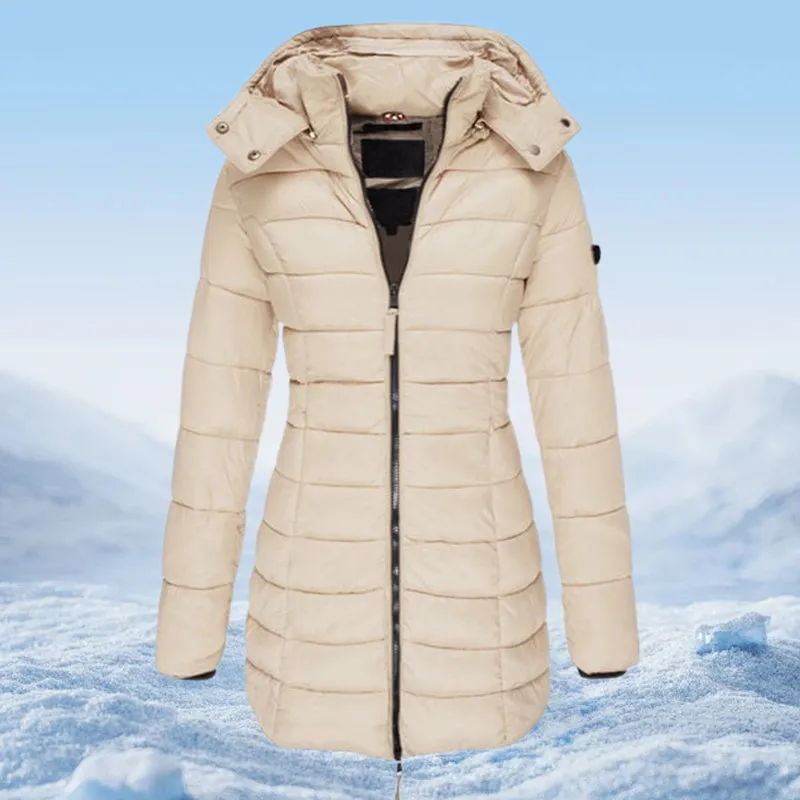  Winter Women's Mid-length Padded Jacket Warm Solid Color Hooded Jacket