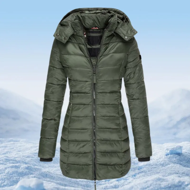  Winter Women's Mid-length Padded Jacket Warm Solid Color Hooded Jacket