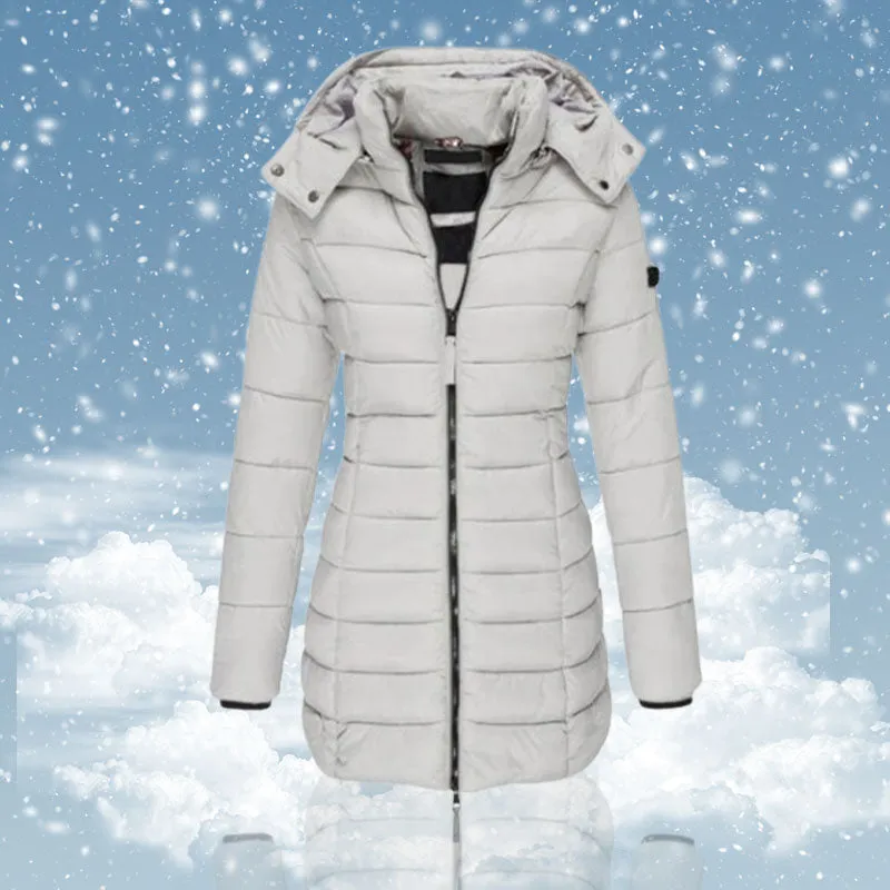  Winter Women's Mid-length Padded Jacket Warm Solid Color Hooded Jacket
