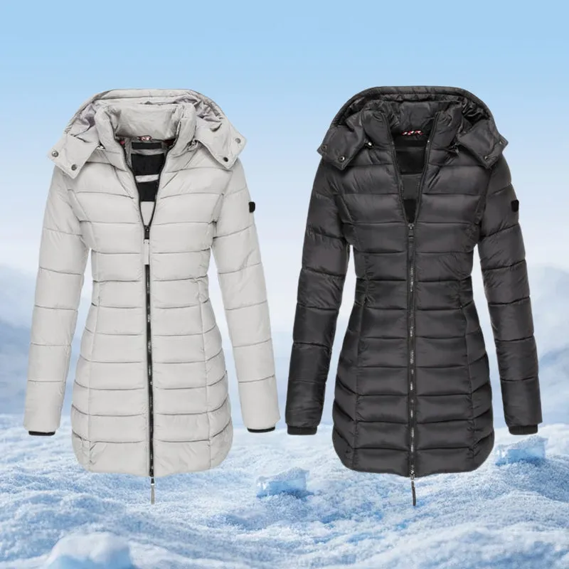  Winter Women's Mid-length Padded Jacket Warm Solid Color Hooded Jacket