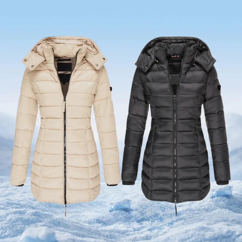  Winter Women's Mid-length Padded Jacket Warm Solid Color Hooded Jacket