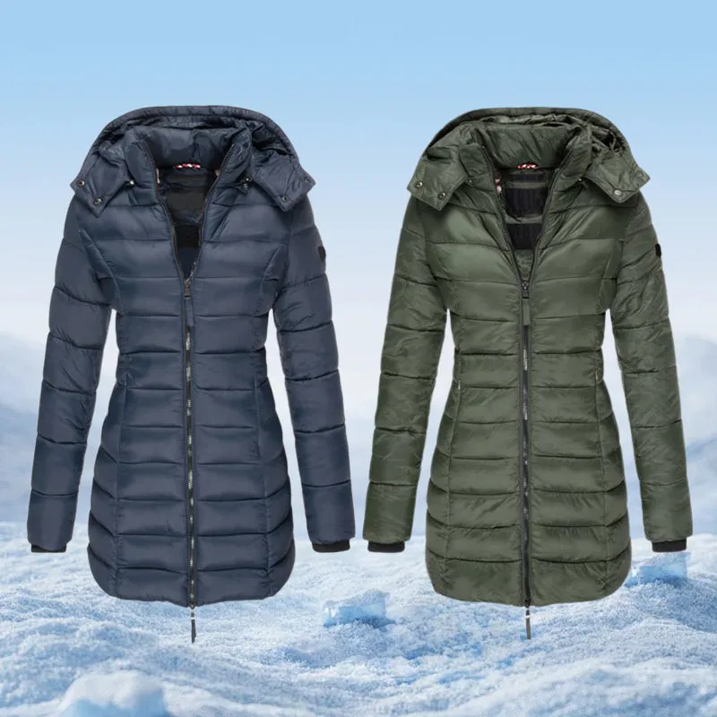  Winter Women's Mid-length Padded Jacket Warm Solid Color Hooded Jacket