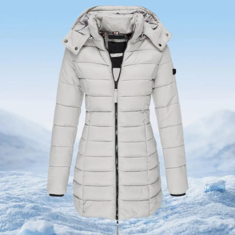  Winter Women's Mid-length Padded Jacket Warm Solid Color Hooded Jacket