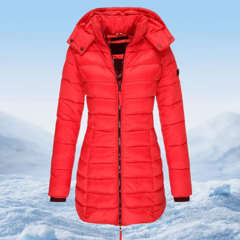  Winter Women's Mid-length Padded Jacket Warm Solid Color Hooded Jacket