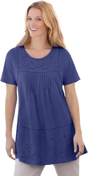 Woman Within Plus Size Embroidered Eyelet Pintucked Tunic